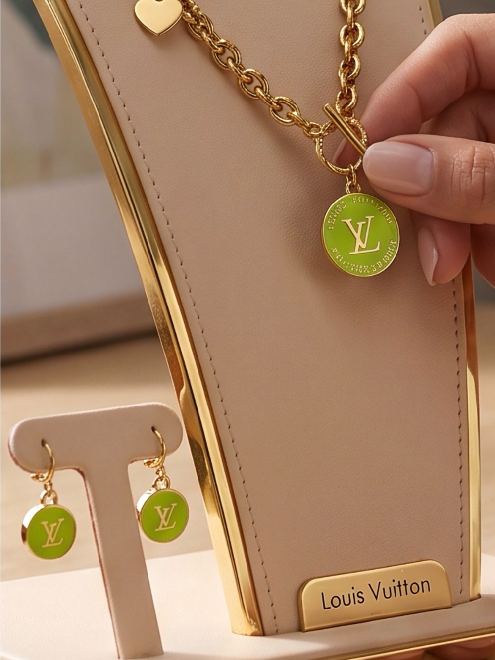 Fashion Jewelry Gold-Tone Necklace and Lime Green Medallion Earring Set